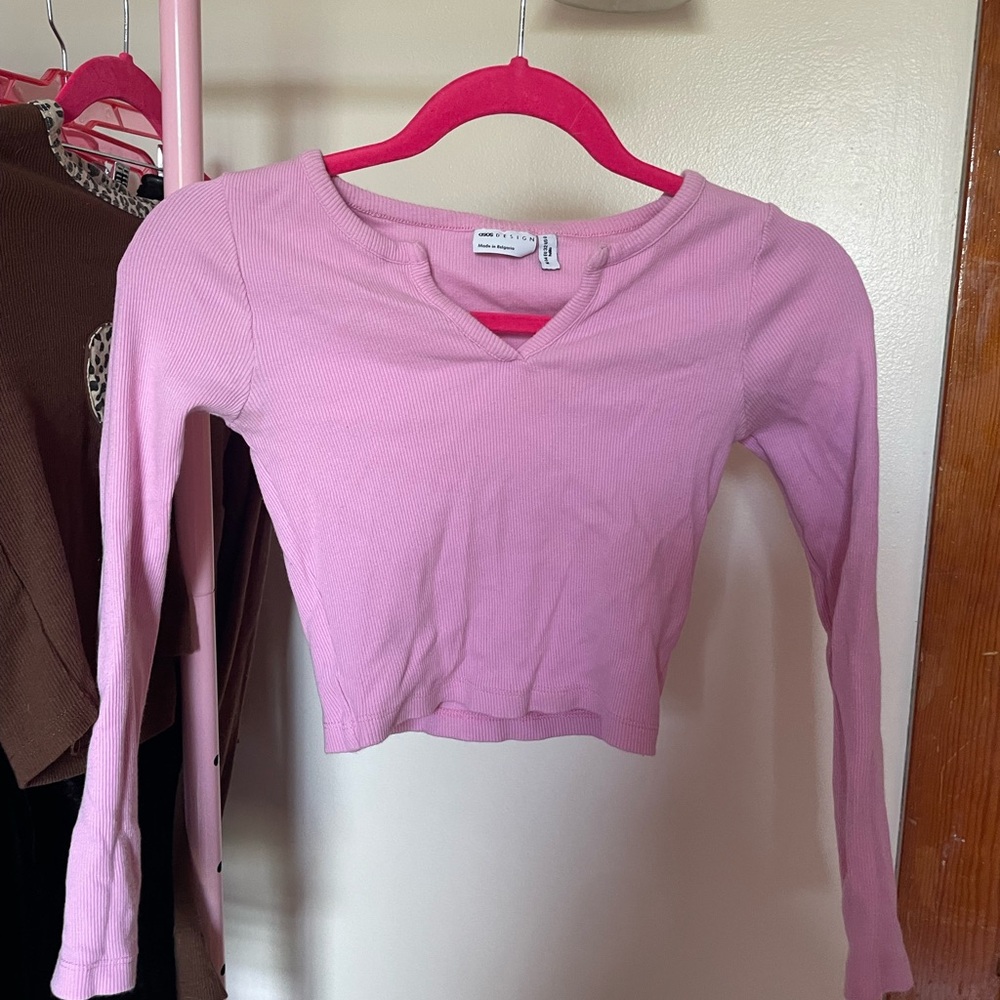 Pink ASOS Design Ribbed Long Sleeve Crop Top